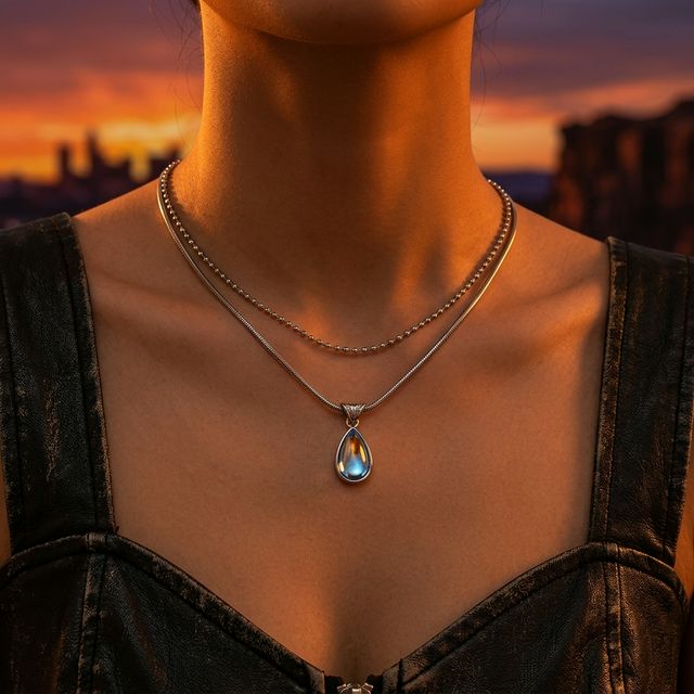 Collier Double Gemme Bleu Argenté
