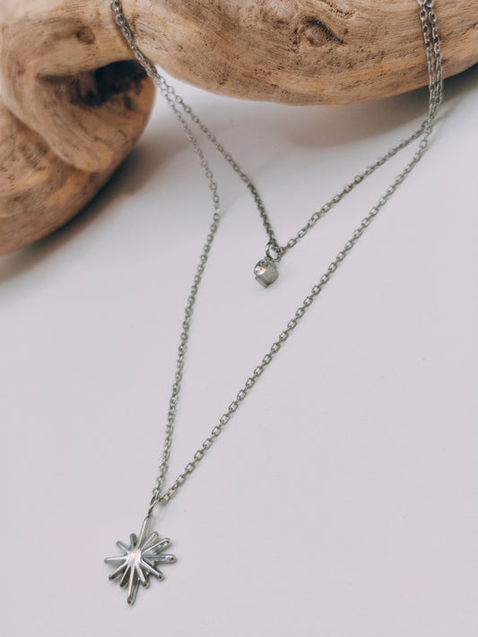Collier Double Etoile Strass Argenté