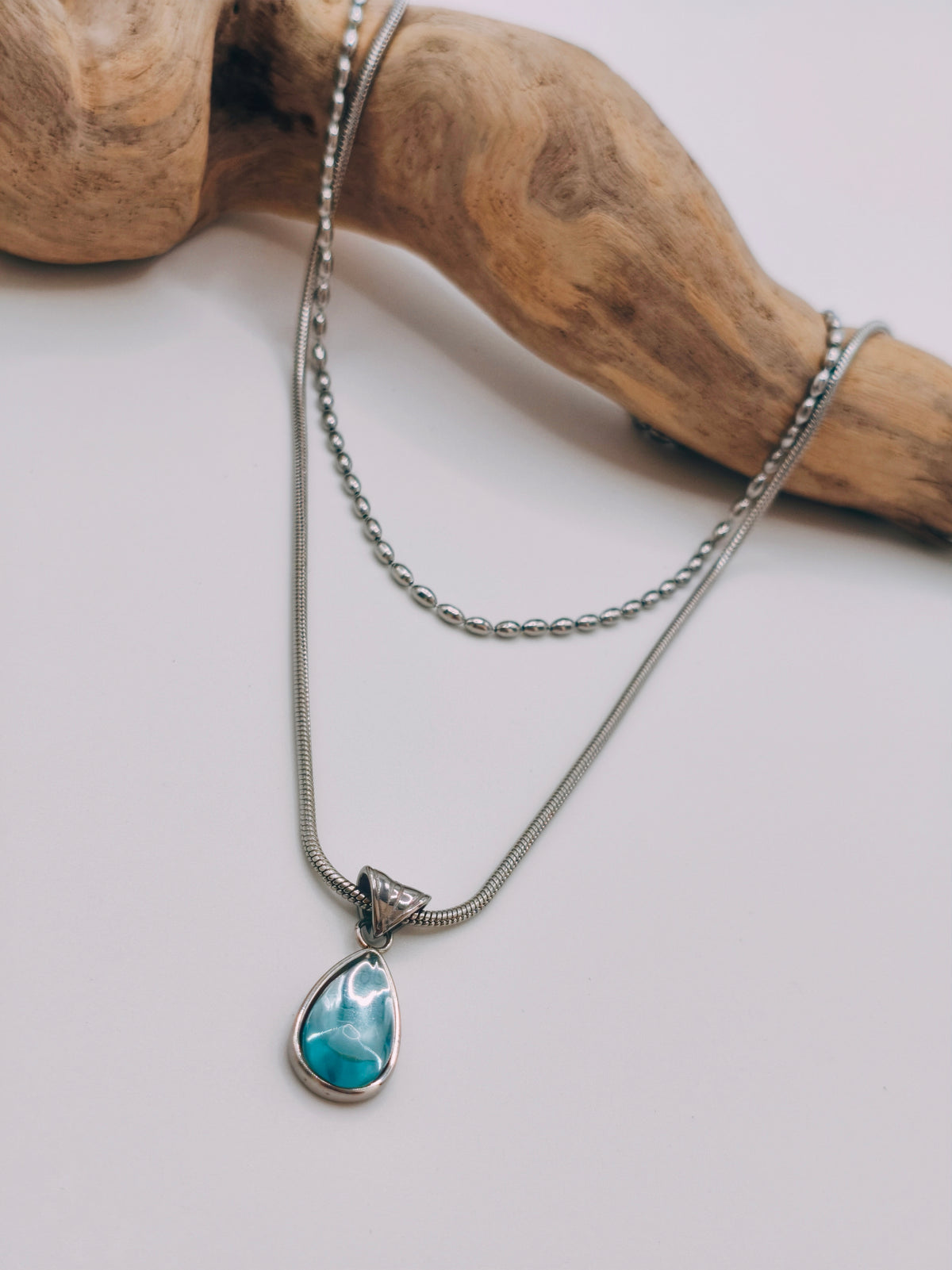 Collier Double Gemme Bleu Argenté