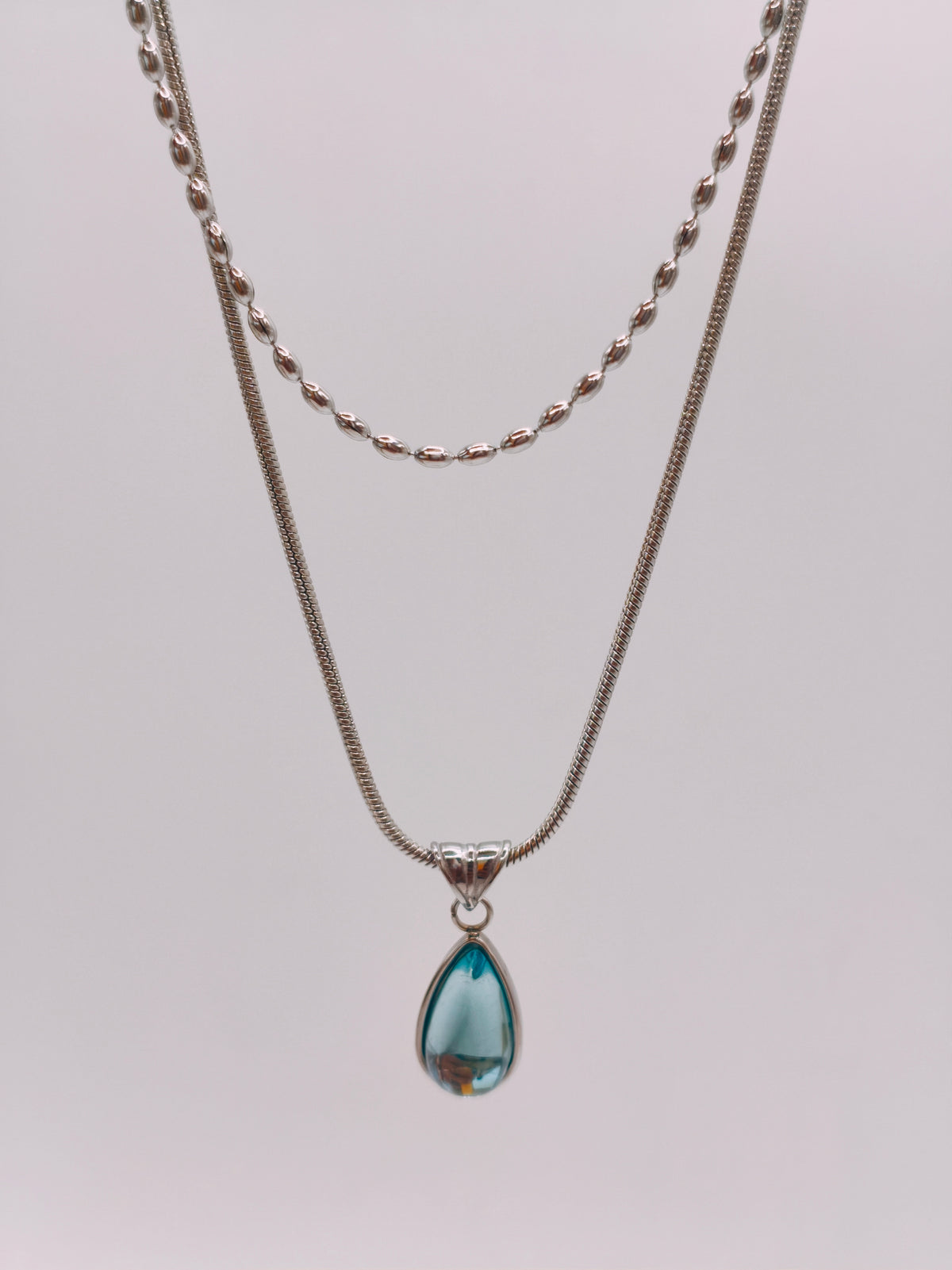 Collier Double Gemme Bleu Argenté