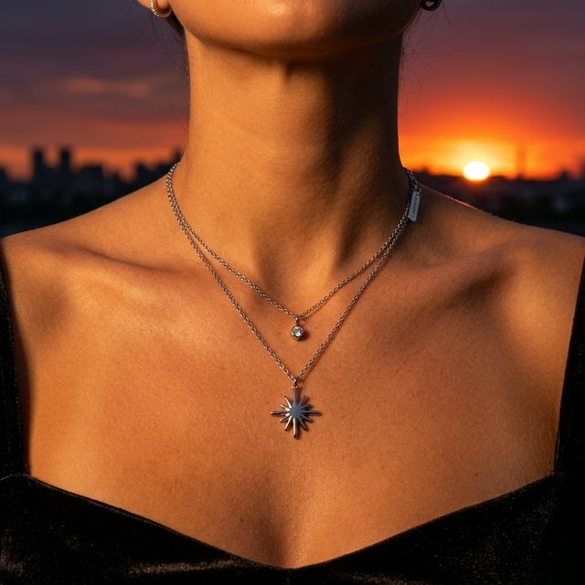 Collier Double Etoile Strass Argenté